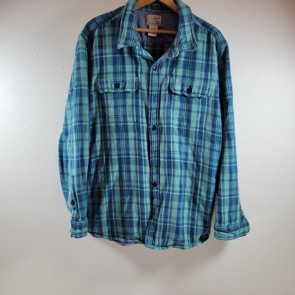 LL Bean Flannel Shirt Mens L Teal Blue Excellent Slightly Fitted Plaid 516097